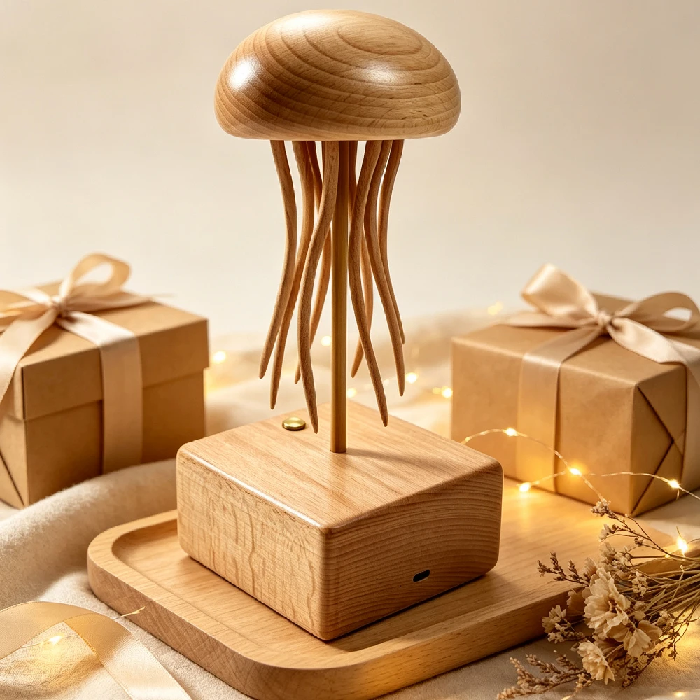 1PCS Handcrafted Wooden Jellyfish Automaton | Machinery Jellyfish Automata Sculpture with Moving Tentacles, Creative Desktop