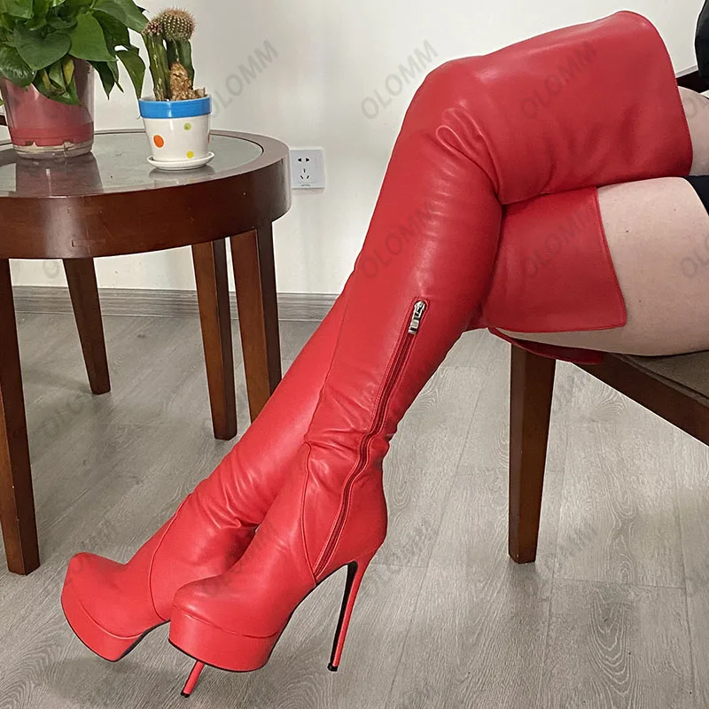 Olomm 2022 Handmade Women Platform Thigh High Boots Unisex Stiletto Heels Round Toe Elegant Black Cosplay Shoes US Size 5-20