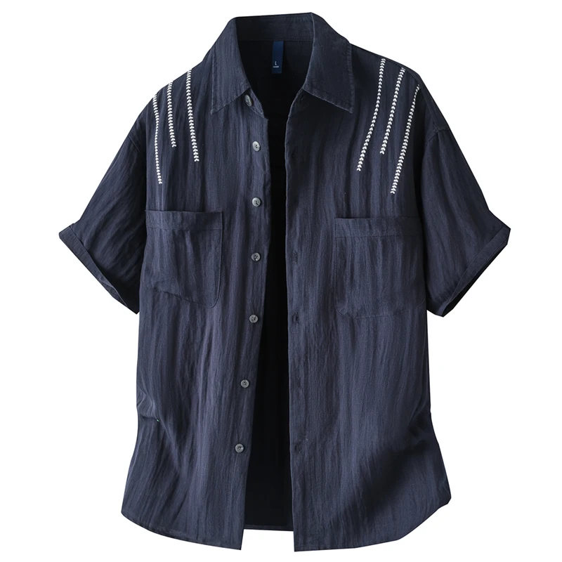 

Summer Men's Embroidery Fashion Vintage Loose Casual Oversize Short Sleeve Shirts Campus Boys Lightweight Blouses