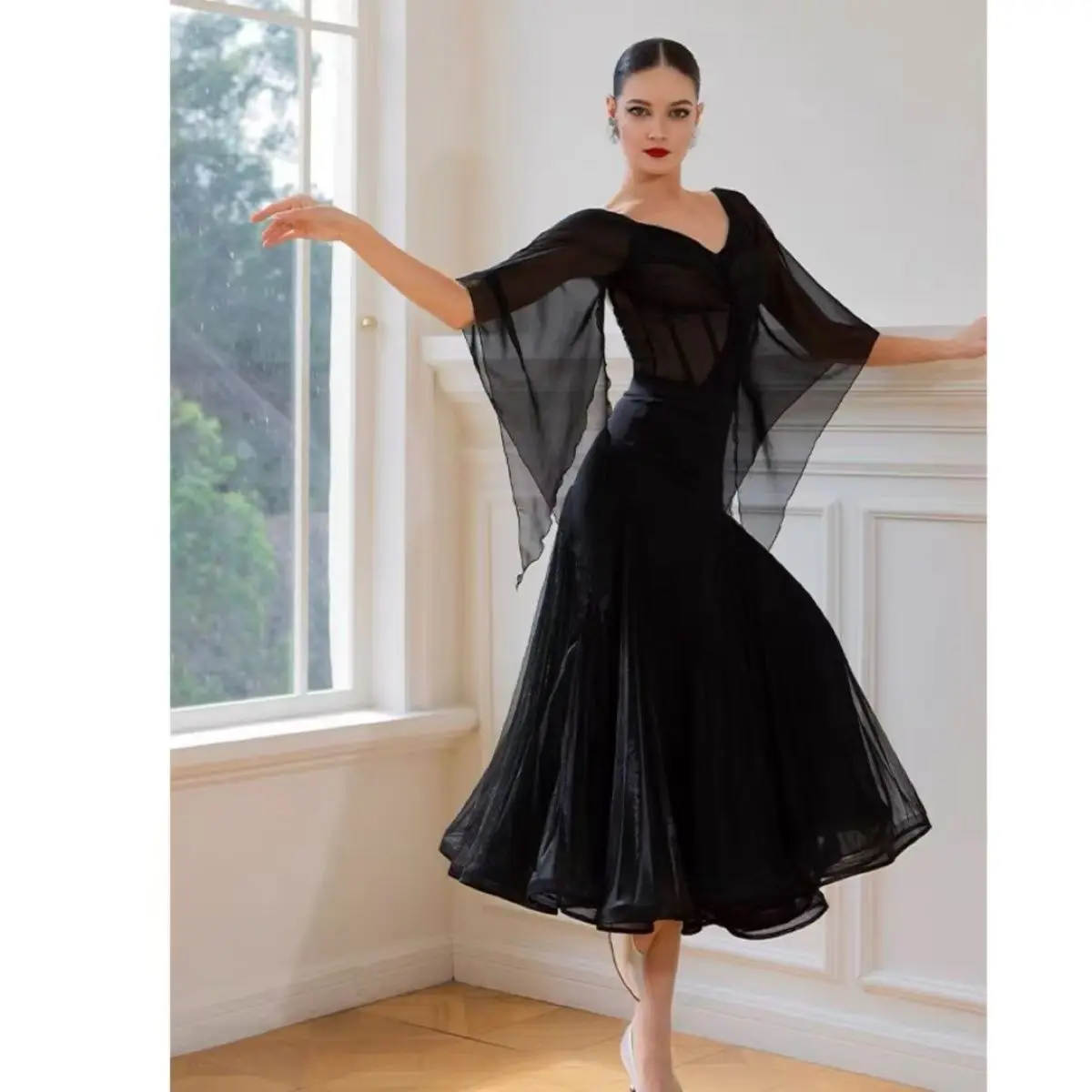 Stroje do tańca towarzyskiego dla kobiet na zawody 2025, z siateczkowymi rękawami, szerokie spódnice, garnitur dla dorosłych, walc, kostiumy do tańca nowoczesnego DQS21521