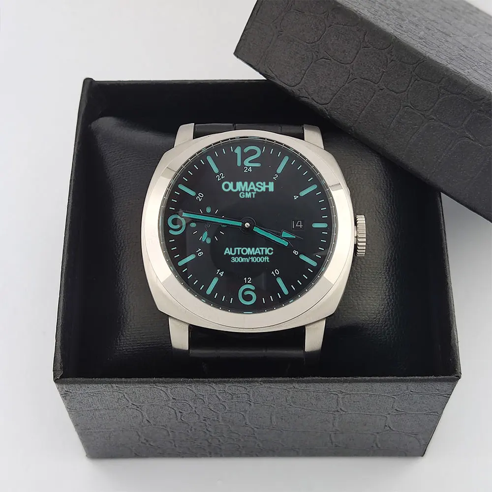 ST2557 Movement watches 45mm Men's watch GMT Stainless Steel case Men's Vintage Mechanical Watch SKY BLUE dial leather bracelet