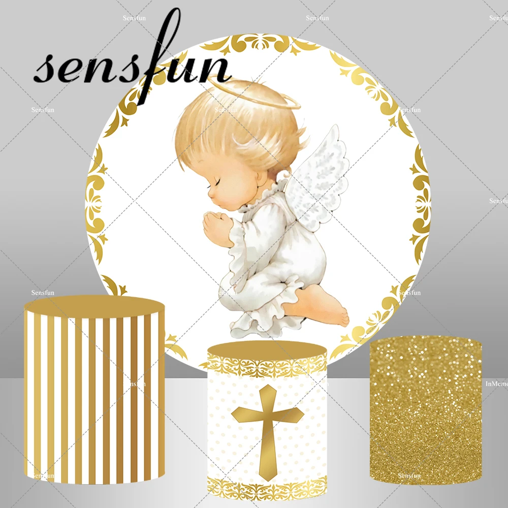 White Gold God Bless Angel Round Backdrop Cover for Kids Baptism First Holy Comunion Photography Background Pedestal Covers