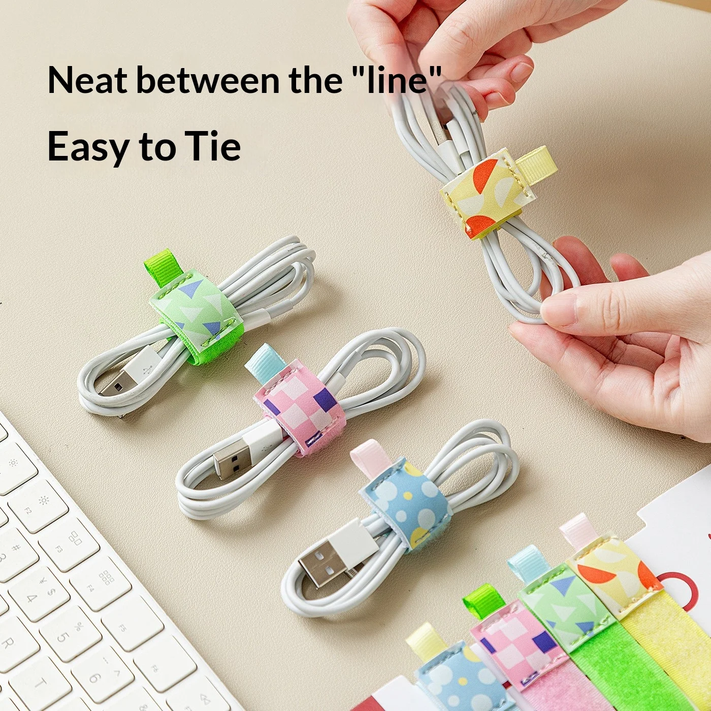 4Pcs Cute Hook‑Loop Cable Ties, Cartoon‑Pattern Reusable Cord Organizer Straps for Earphone Computer Wire Management