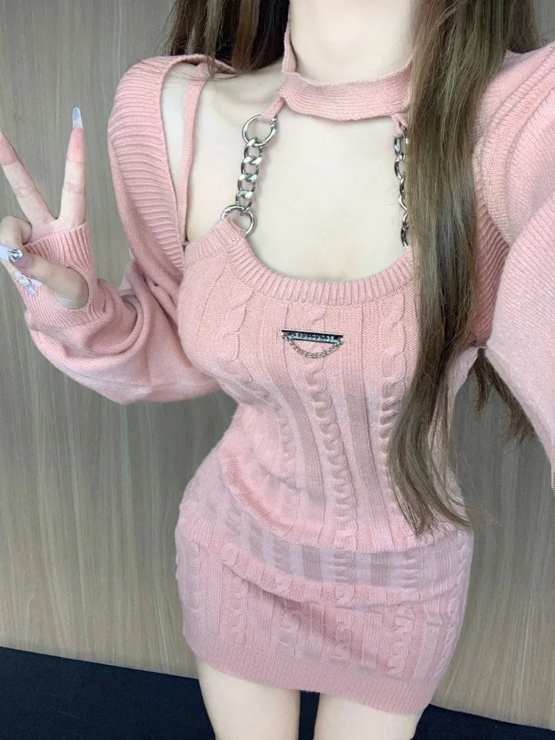 Fashion Hot Girl  knitted Sets For Women 2 Pieces Crop Top Pink Cardigan Female Mini Wrap Knitted Dresses Elegant Women\'s Sets