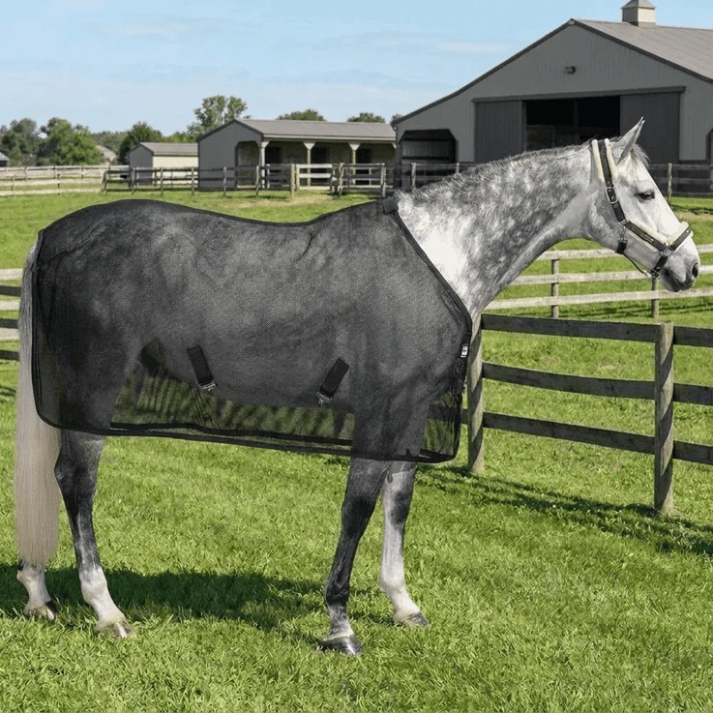 通気性のある馬用蚊よけベスト、調節可能で耐摩耗性のある馬用フライシート、速乾性バックルデザイン、馬用メッシュベスト