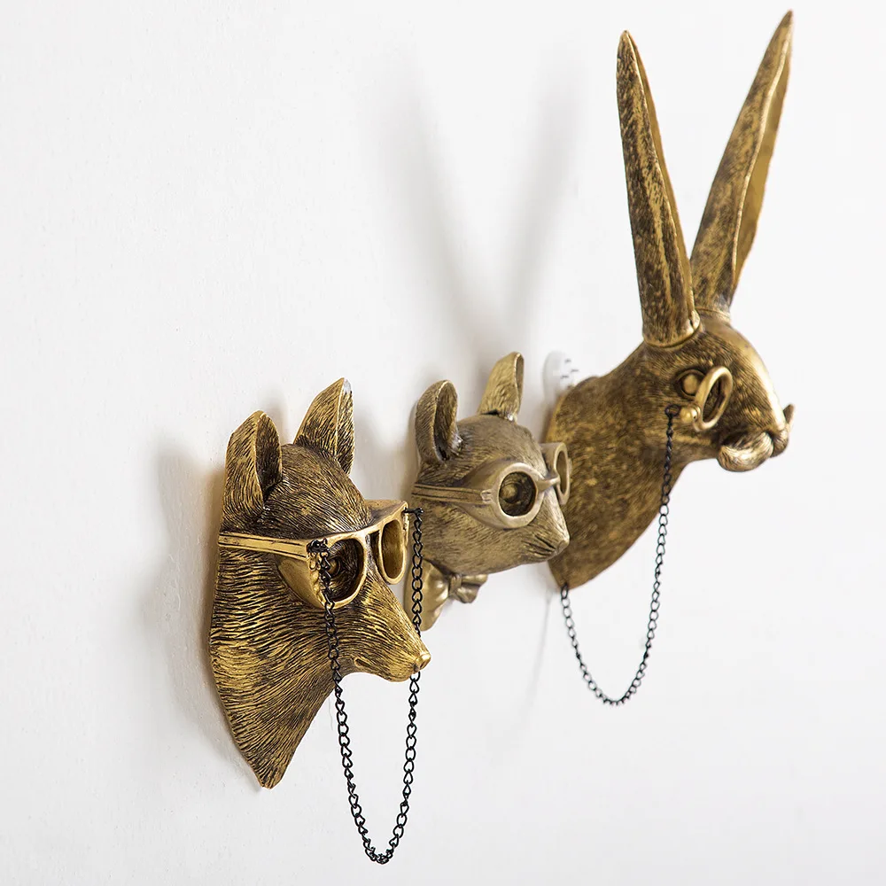 Vintage Gold Deer Head Statue Wall Hanging Decoration Rabbit Wolf Head Animal Sculpture Home Bar Office Interior Wall Art Decor