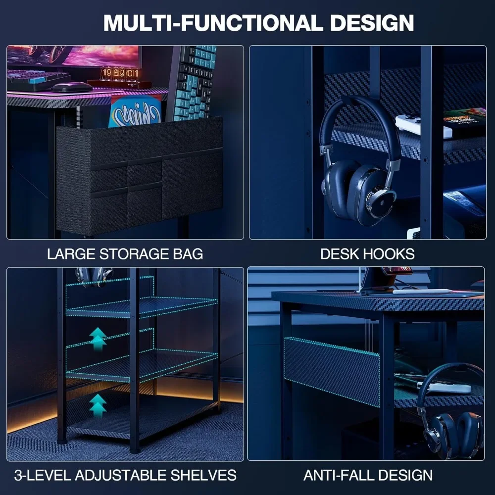 L-Shaped 55 Inch Gaming Desk with Power Outlets, Reversible Shelves, Storage, and Corner PC Desk Features