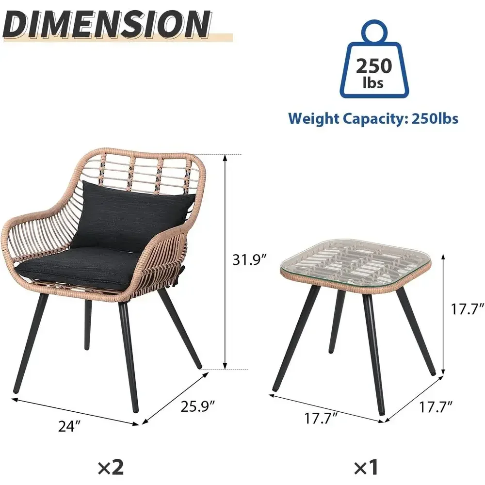 3 Pieces Patio Bistro Set, Wicker Contion Chair Sets | Outdoor Balcony urniture, Coee Table, Glass Top, Cushions, Lumbar Pillows