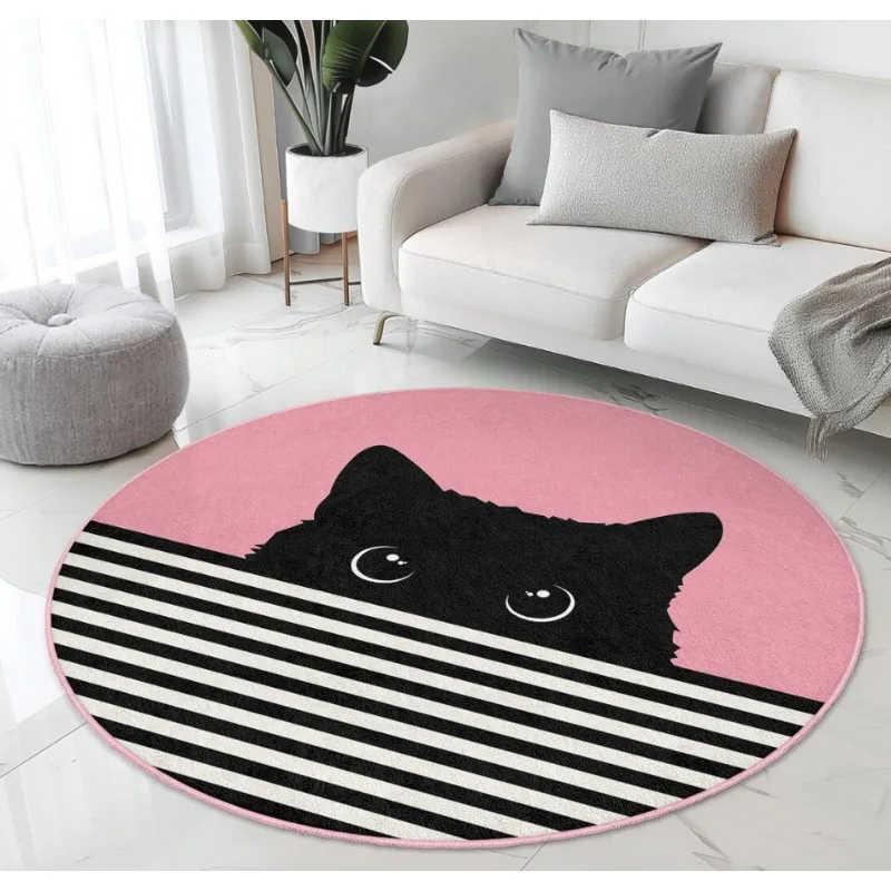 Cat Round Carpet Cute Black Cat Stripe Printed Rug Living Room Bedroom Dressing Table Non Slip Floor Mat Home Decoration