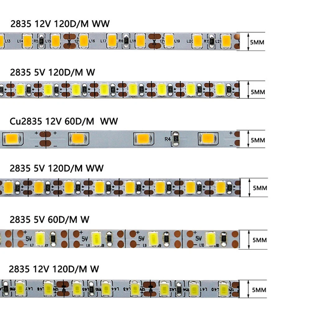 5V 5MM 8MM 2835SMD Led Flexible Strip,White/Warm White /Red/Blue/Green 120LEDs/M LED Tape 5m/lot