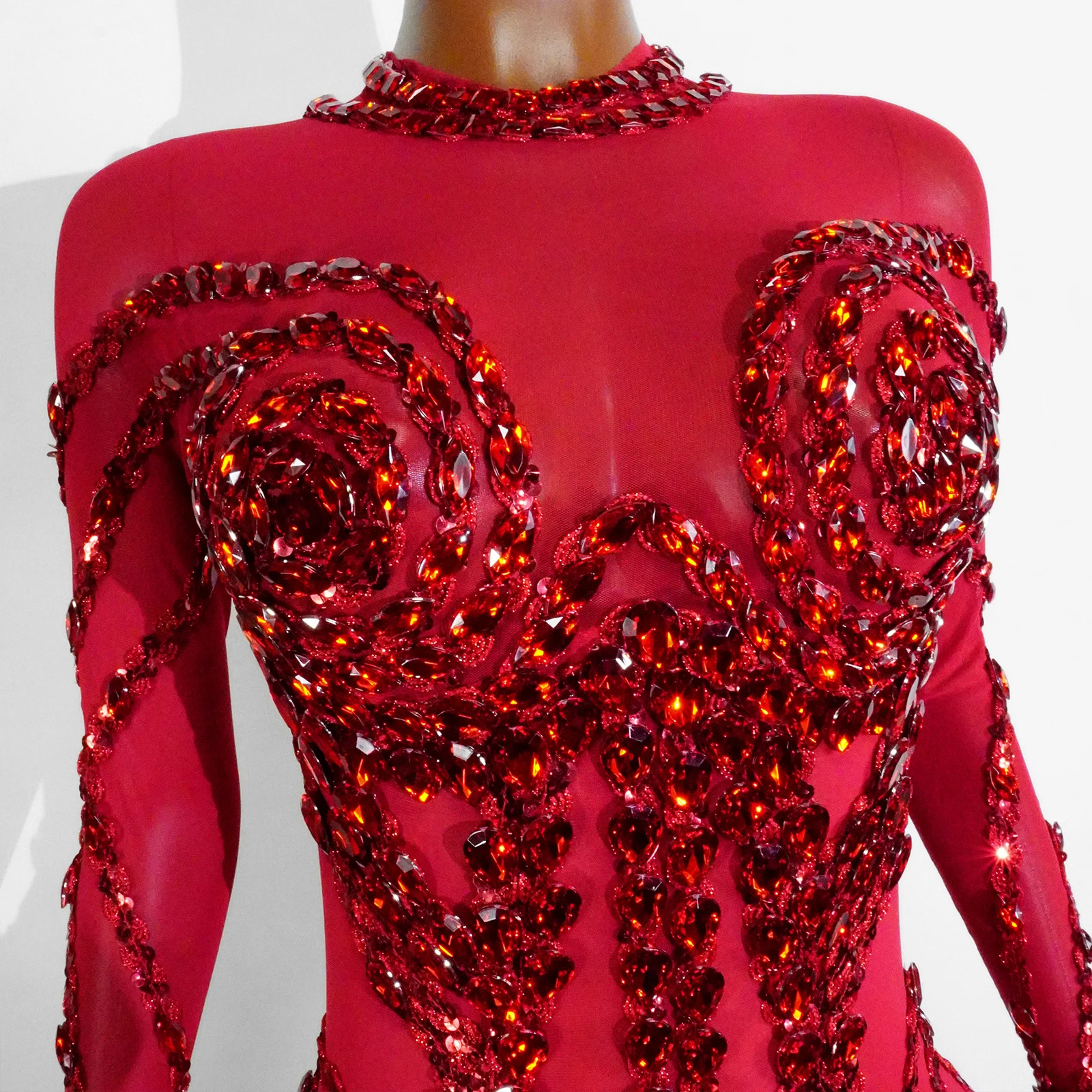 

Red High Neck Sheer Mesh Long Sleeve Bodycon Maxi Dress Rhinestone Embellished Sexy Party Nightclub Evening Gown For Women