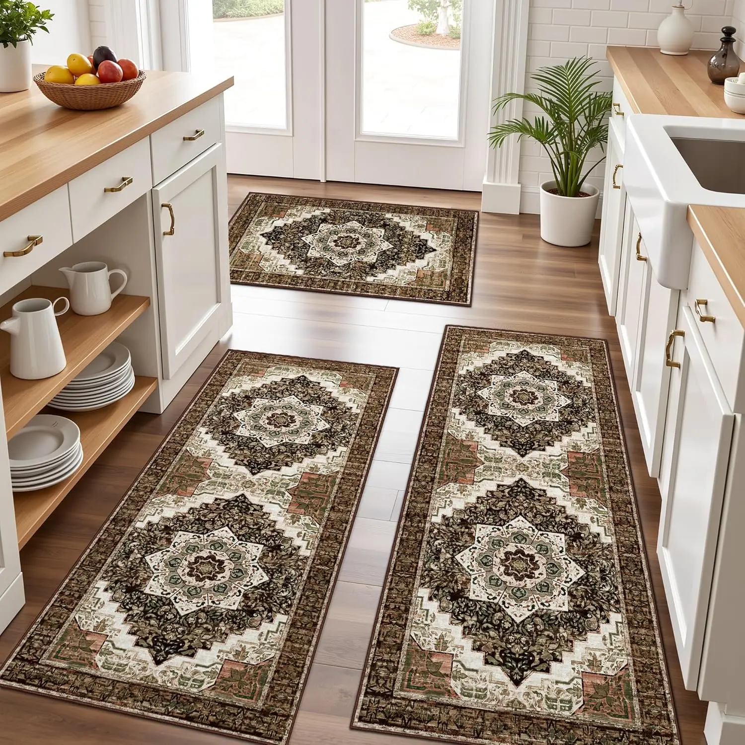 

3-Piece Non-Slip Kitchen Rug Set, Washable Boho Mats for Floor, Runner for Hallway Laundry Room