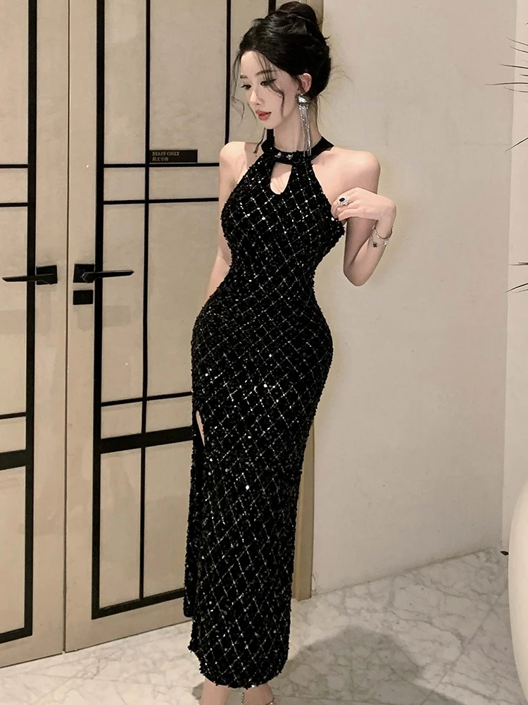 Autumn Winter Black Velvet Chic Sequins Plaid Long Dress Women Fashion Neck-mounted Sexy Club Dress 2025 Luxury Evening Dresses