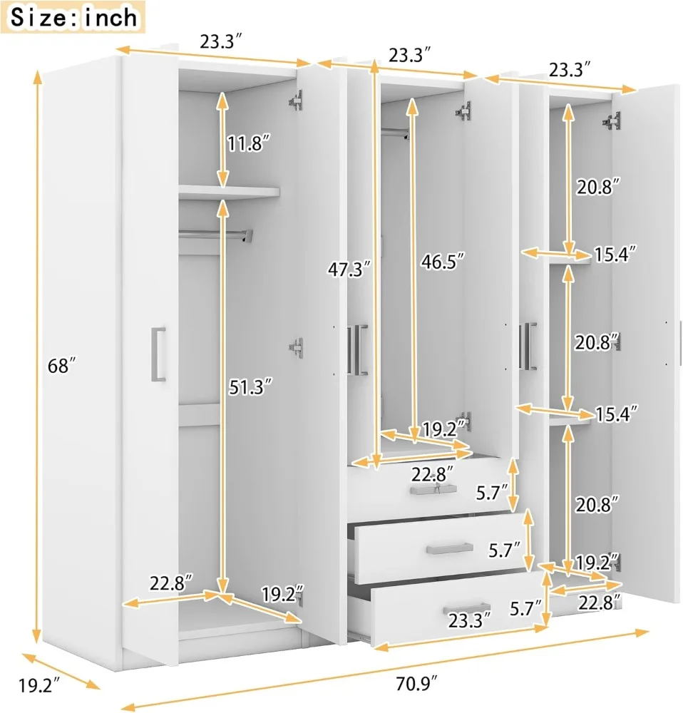 6 Doors Wooden Wardrobe, Bedroom Tall Armoire Closet Organizer with Big Drawers, Hanging Rails and Shelves