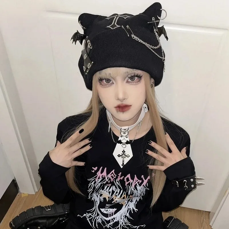 Gothic Grunge Cat Ear Bat Wing Black Beanie Hat Harajuku Punk Cross Chain Knitted Hat Women Winter Warm Chic Streetwear