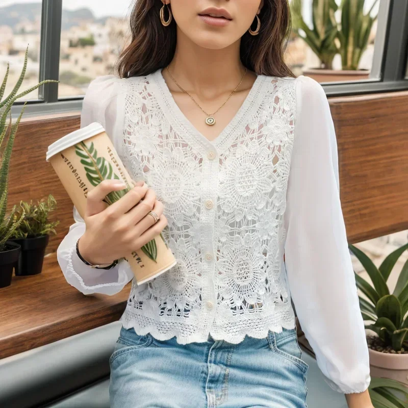 

Fashion Long Puff Sleeve Knit Shirt for Women Hollow Out Hook Flower V-neck Chiffon Blouse Autumn French Style Clothes 29710