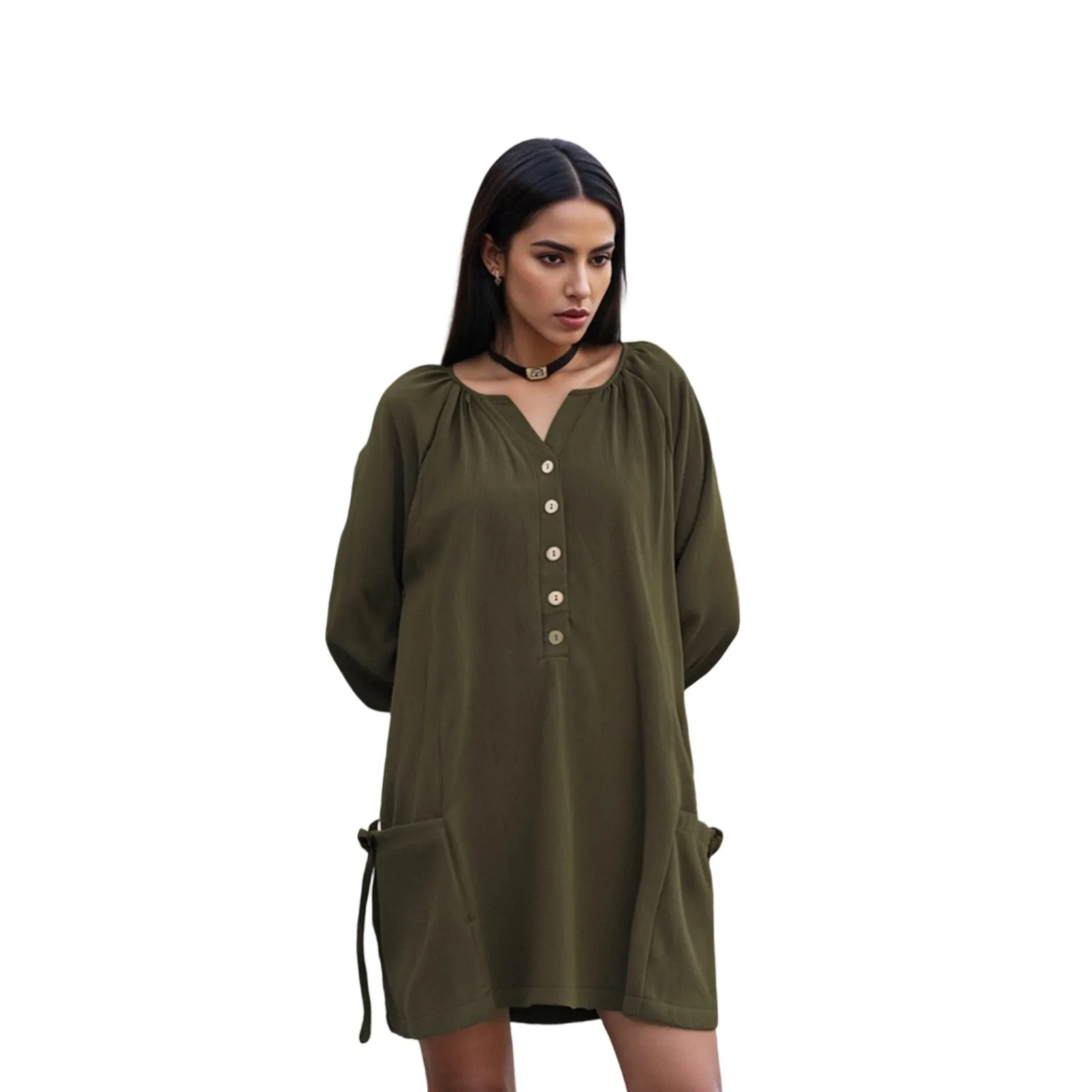 Women s Short T-shirt Dress Long Lantern Sleeve Round Neck Solid Color Button Up Dress with Pockets