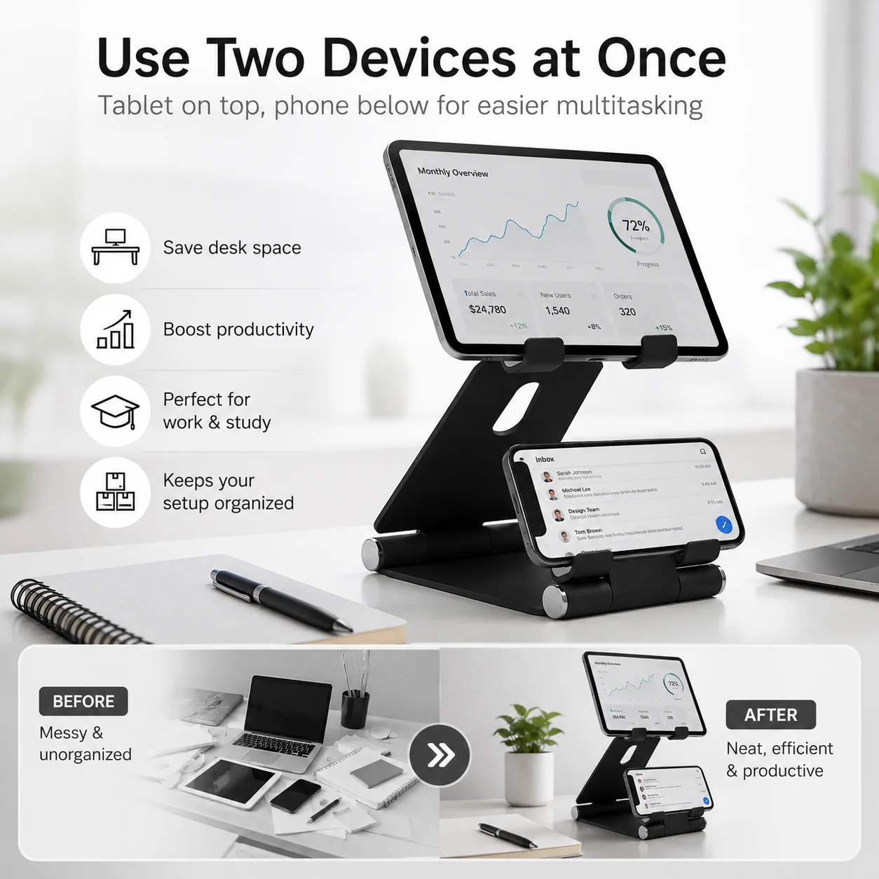 Dual Layer Phone & Tablet Stand, Foldable Aluminum Adjustable Holder with Non-Slip Pad for iPad iPhone Android Devices
