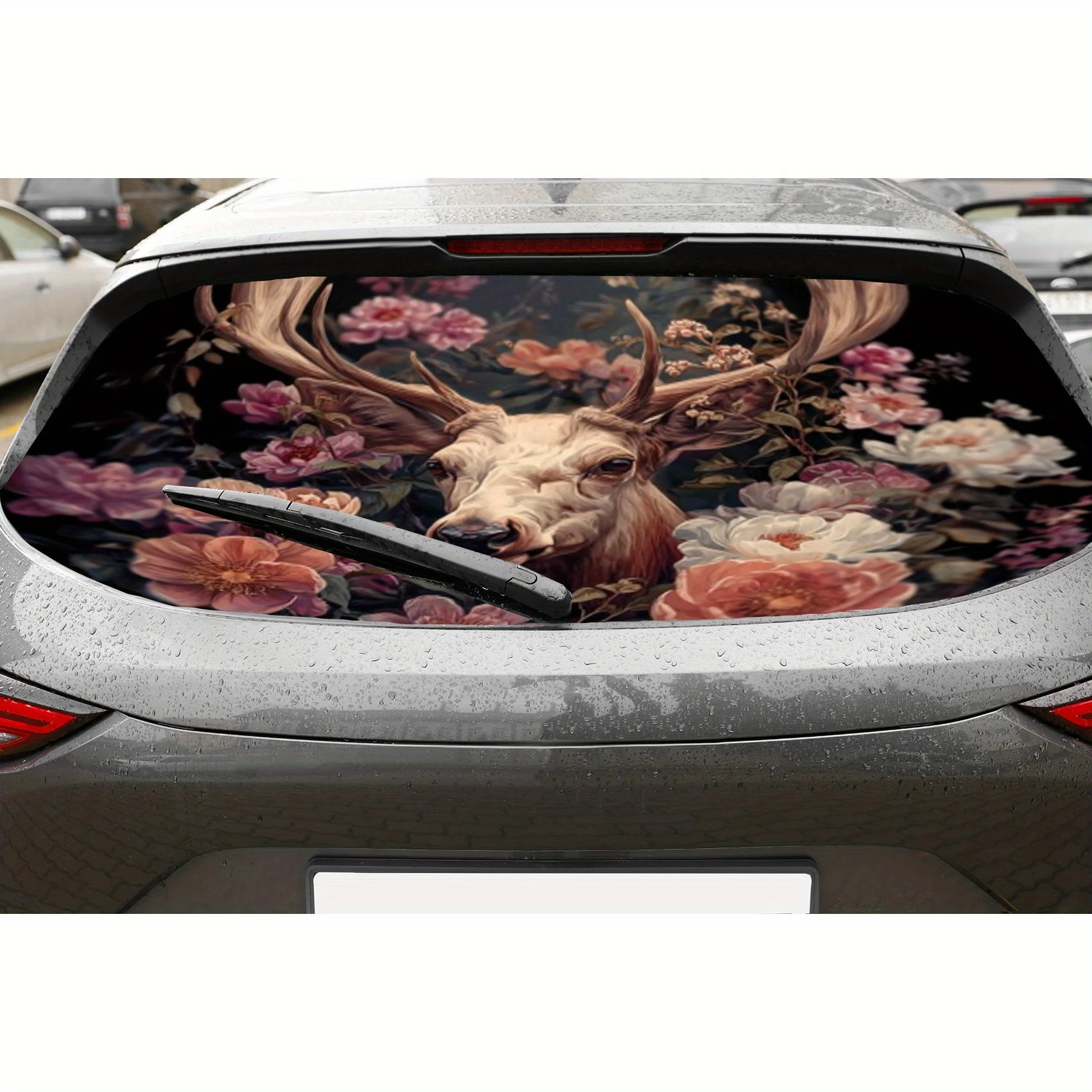 Deer hiding in the flowers PVC material self-adhesive waterproof car rear window sticker, easy to paste without falling off, wat
