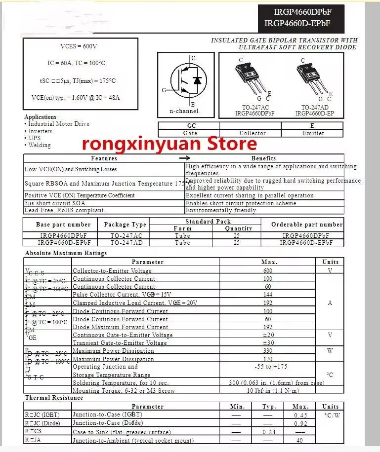Transistor GP4660D IRGP4660 IRGP4660D-EPBF IRGP4660D-E, GP4660D-E TO-247AD, IGBT; 600V; 100A; 330W, 100%, Original, nouveau