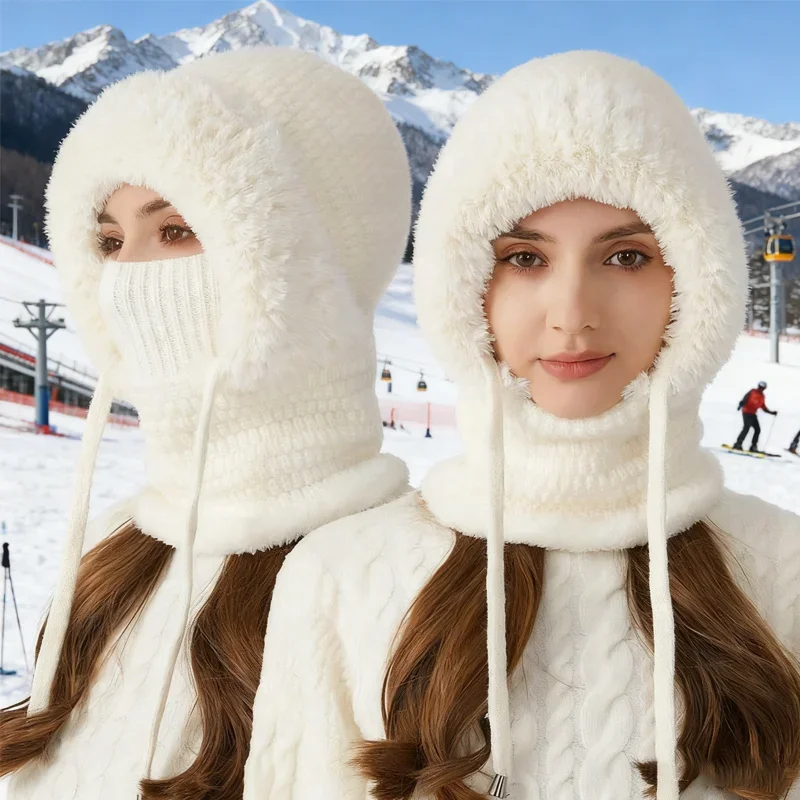 3 في 1 قبعة صغيرة للنساء الشتاء الطقس البارد قبعات منسوجة مقاومة للرياح مقنعين وشاح سميكة أفخم