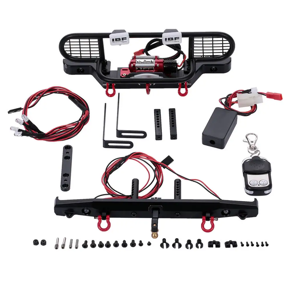 Metal RC Car Front & Rear Bumper with Winch 6 LED Light Remote Controller Receiver for Traxxas Rc4wd Axial SCX10 RC Crawler Part