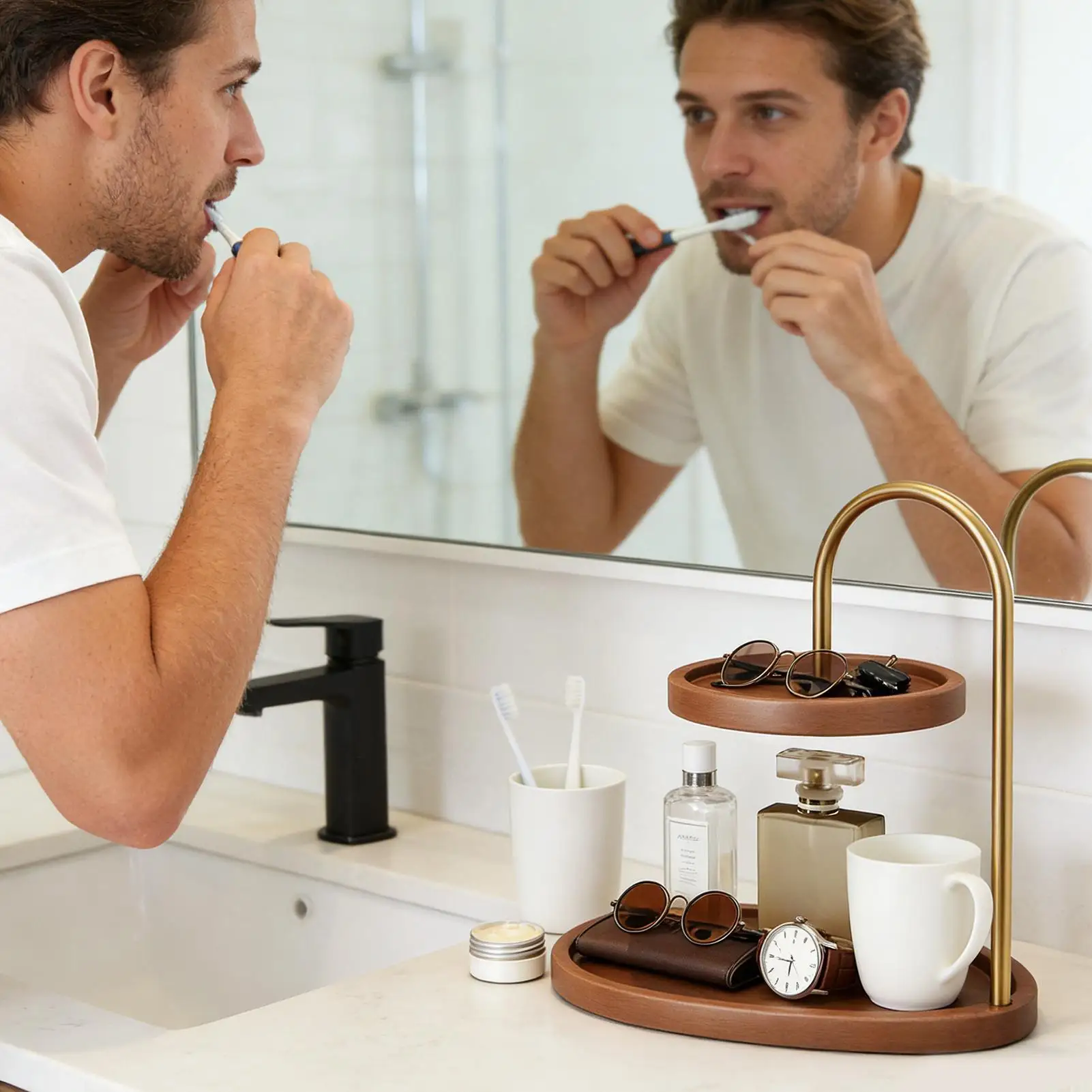 

2-слойный круглый органайзер для хранения, винтажный деревянный поднос для ювелирных изделий, декоративный поднос, органайзер для хранения ключей для прихожей, спальни