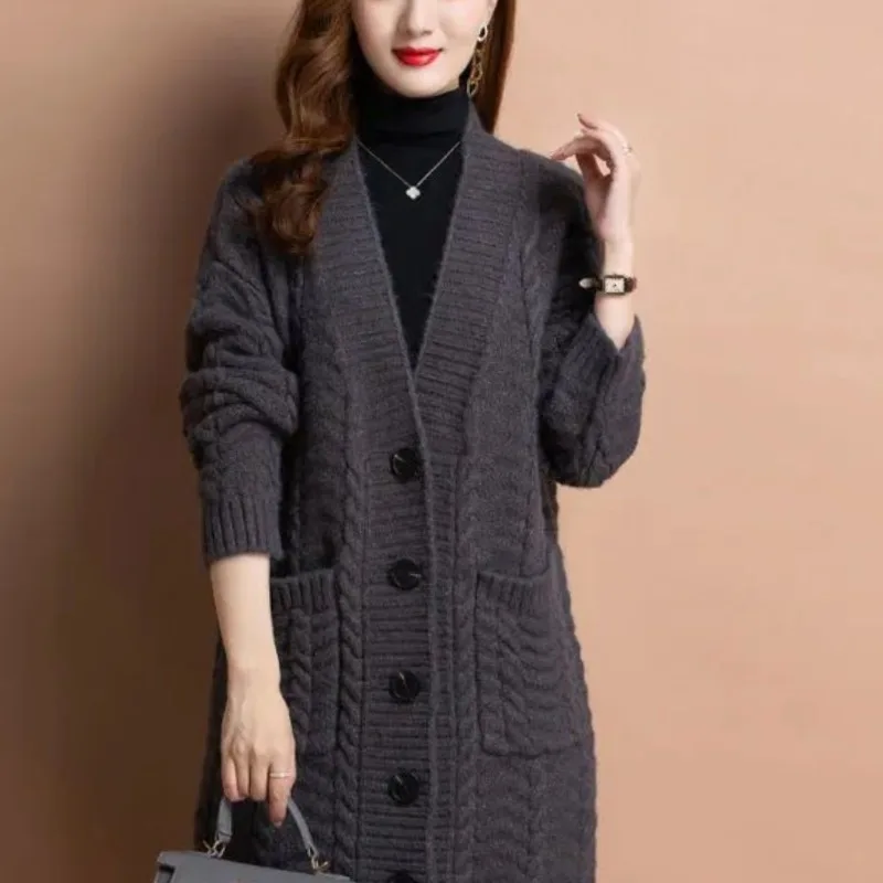 Women's Autumn Winter Fashion Solid Color V-neck Button Pocket Versatile Long Sleeved Loose Medium Length Sweater Cardigan Tops