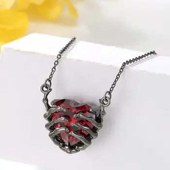 Gothic Red Heart Skeleton Hand Pendant Necklace