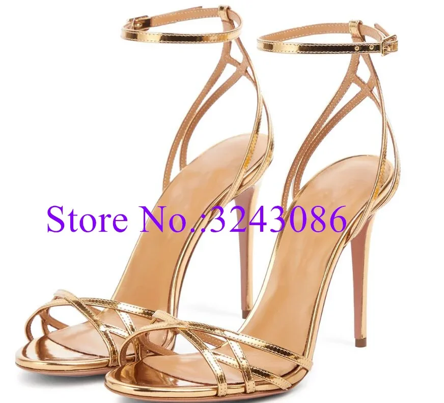 

New Design Gold Color Hollow Out Sandals Lady Fashion Pumps Thin Heel Buckle Strap Dress Shoes Woman Sexy Party High Heels