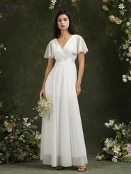 Simple Beach Ivory Wedding Dresses For Women A-Line Puffer Short Sleeve V-Neck Pleat Tulle Open Back Bridal Prom Gowns With Belt
