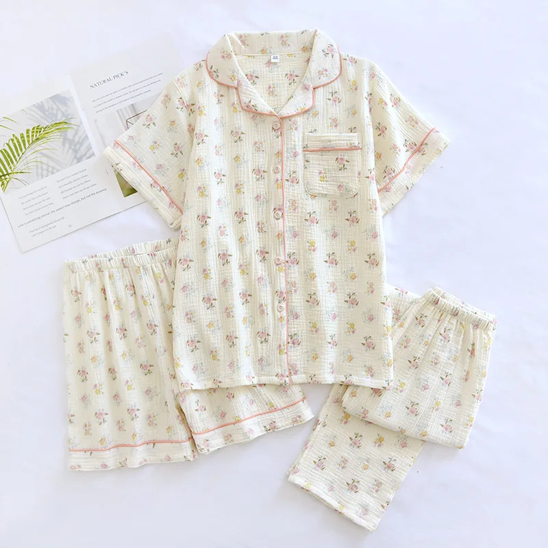 2024 Spring/Summer New Women\'s Pajama Three piece Set 100% Cotton Crepe Short Sleeves+Shorts+Pants Home Fury Set Sleepwear