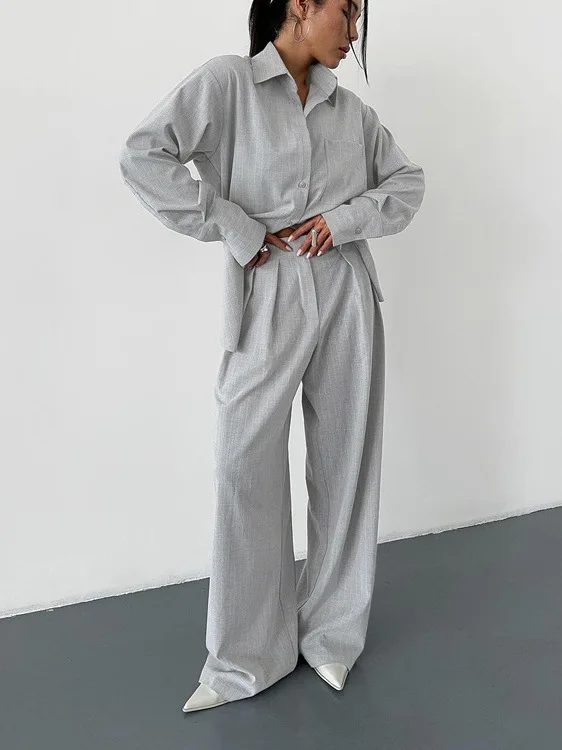 

Autumn Plaid irt Collared Long Sve Wide Leg Pants Two Piece Set Women's Faion Ensemble Chinese Production Commute Sle