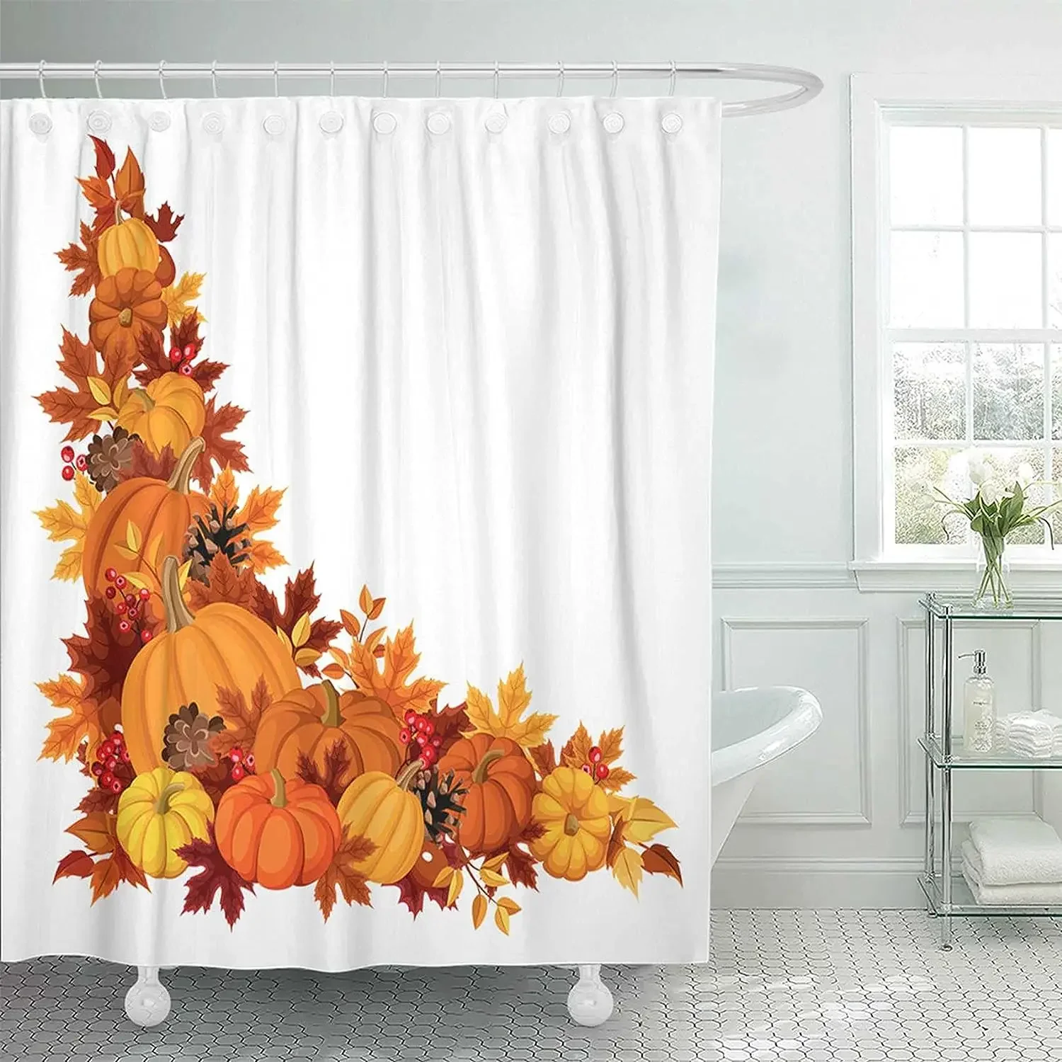 Brown Thanksgiving Corner Pumpkins and Autumn Leaves Colorful Border Fall Leaf Gourd November Season Bath Curtain Bathroom Decor