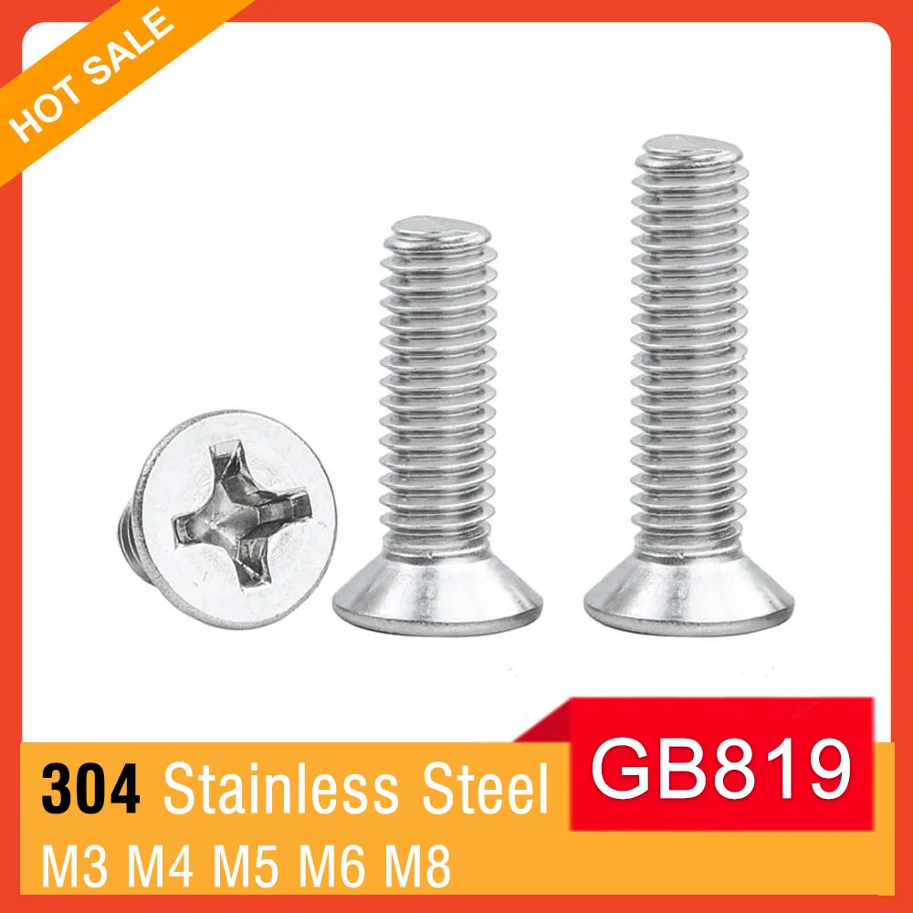 

15-150pcs M3 M4 M5 M6 M8 GB819 A2 304 Stainless Steel Cross Phillips Flat Countersunk Head Screw Bolt