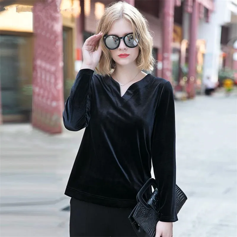 2024 Women V-neck velvet shirt casual full sleeves loose velour blouse playsuit streetwear Spring & Autunm blusas mujer de moda