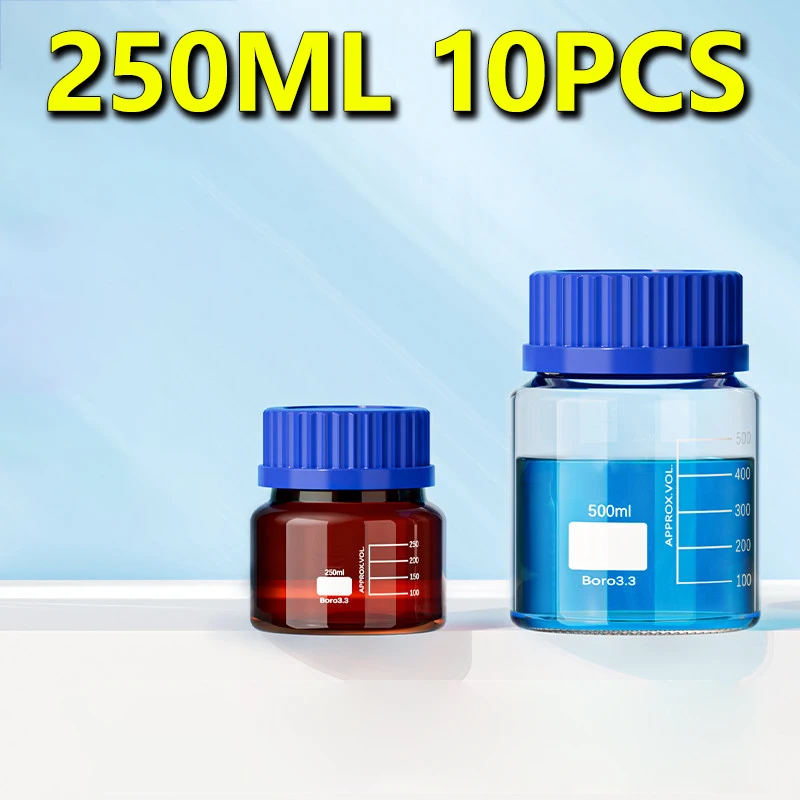 10 pieces of GL80 blue cap reagent bottles, 250ml with scale, clear/brown glass wide-mouth sample bottles