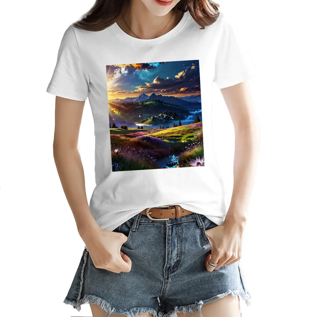 landscape Women's Cotton Short Sleeve, Brand Loose Fit T-Shirt, Luxury Designer Top, Summer 2024 Mega Sale