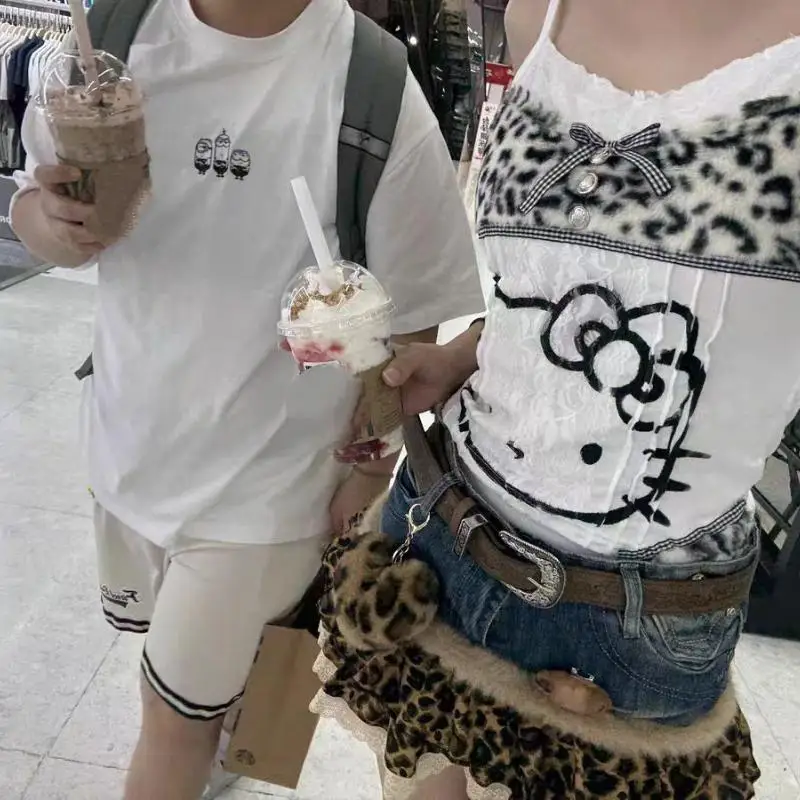 سانريو مرحبا كيتي المرأة خمر Y2K الرسن تانك القمم مثير الشارع الشهير ثقافة فرعية ليوبارد المرقعة Kawaii سترة المرأة الدانتيل #5