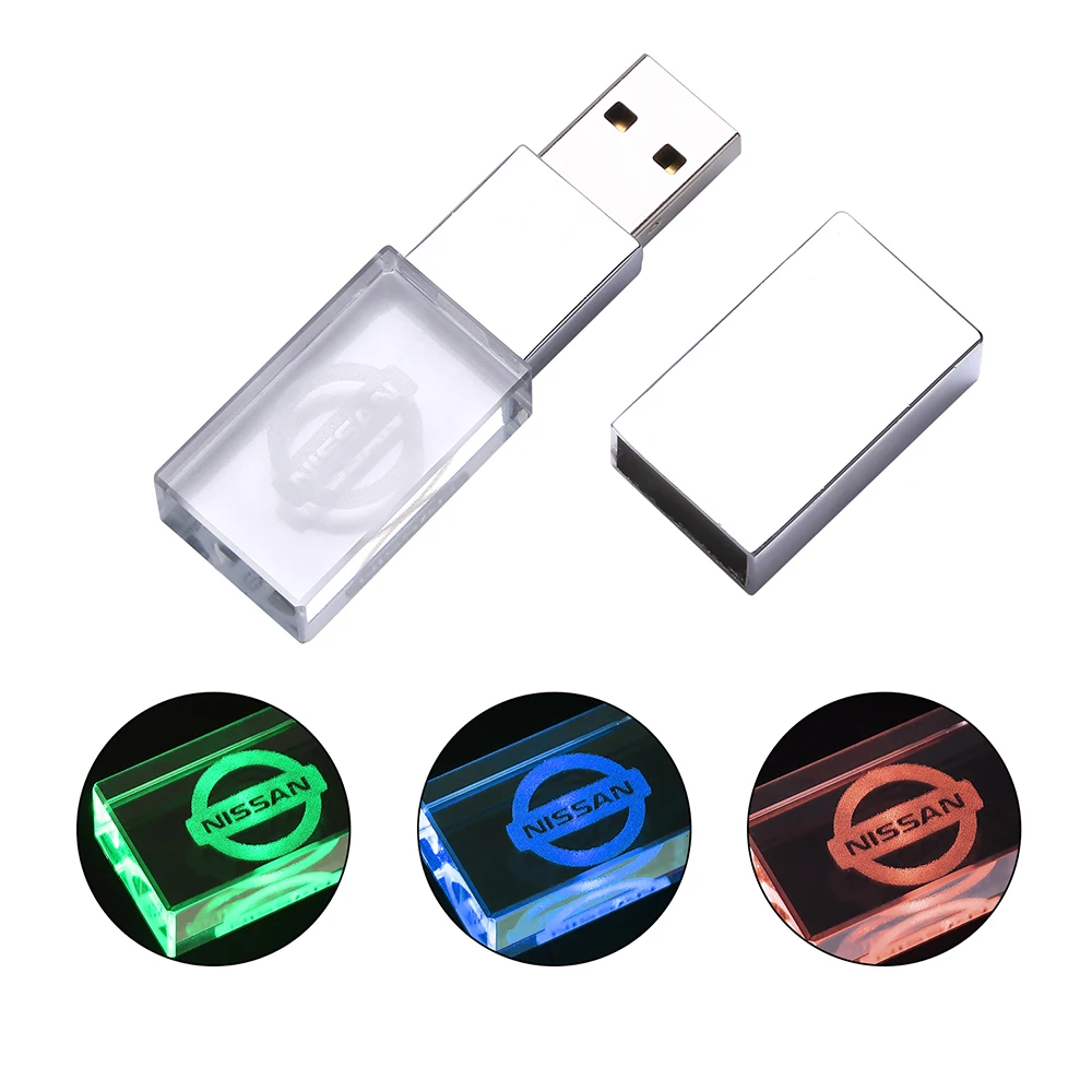 Unidad flash USB de cristal con luz LED, 64GB, regalo para coche, memoria con logotipo personalizado gratis, almacenamiento externo, disco U de 32GB