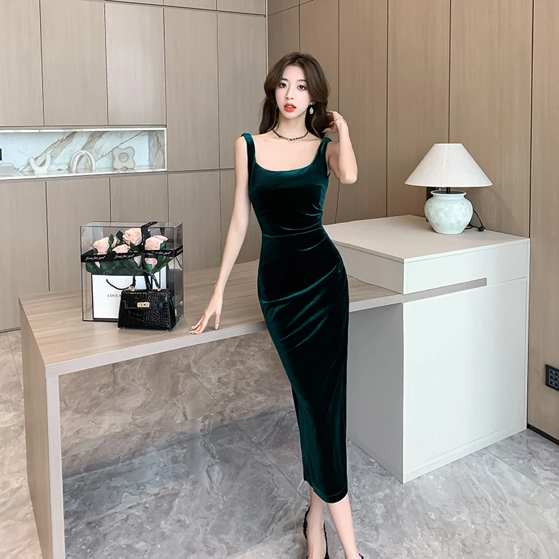 Sexy Backless Vintage Luxury Velvet Midi Dresses for Women 2023 Autumn Winter Fashion Slim Split Female Clothing Elegant Party