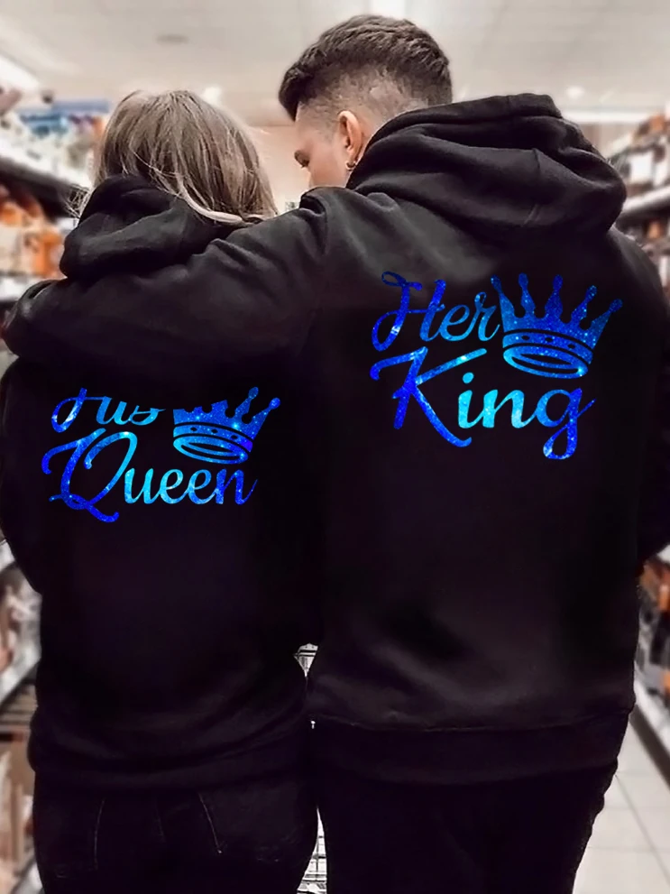 

Couple Sweatshirt Matching Set Her King and His Queen Print Lover Hooded Fashion Crown Women Men Hoodies Long Sleeve Streetwear