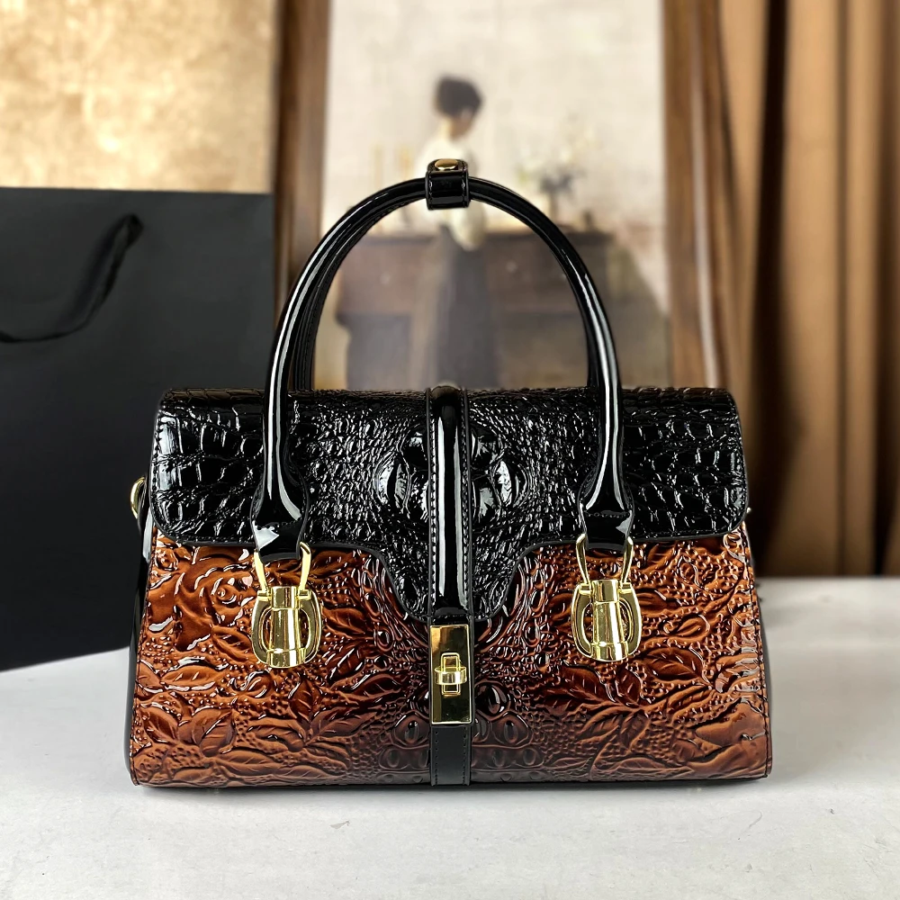 Vintage Two-Tone Crocodile Pattern Handbag Women Embossed Floral Patent Crossbody Shoulder Bag Elegant Structured Satchel