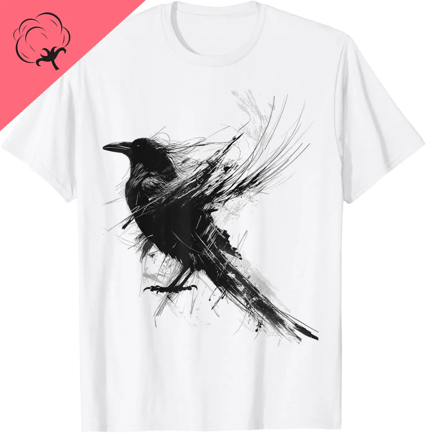 

Raven Abstract Drawing Animal Art Painting Graphic Raven T-Shirt Cotton Women's T-shirts Kawayi Casual Individuality Camisas