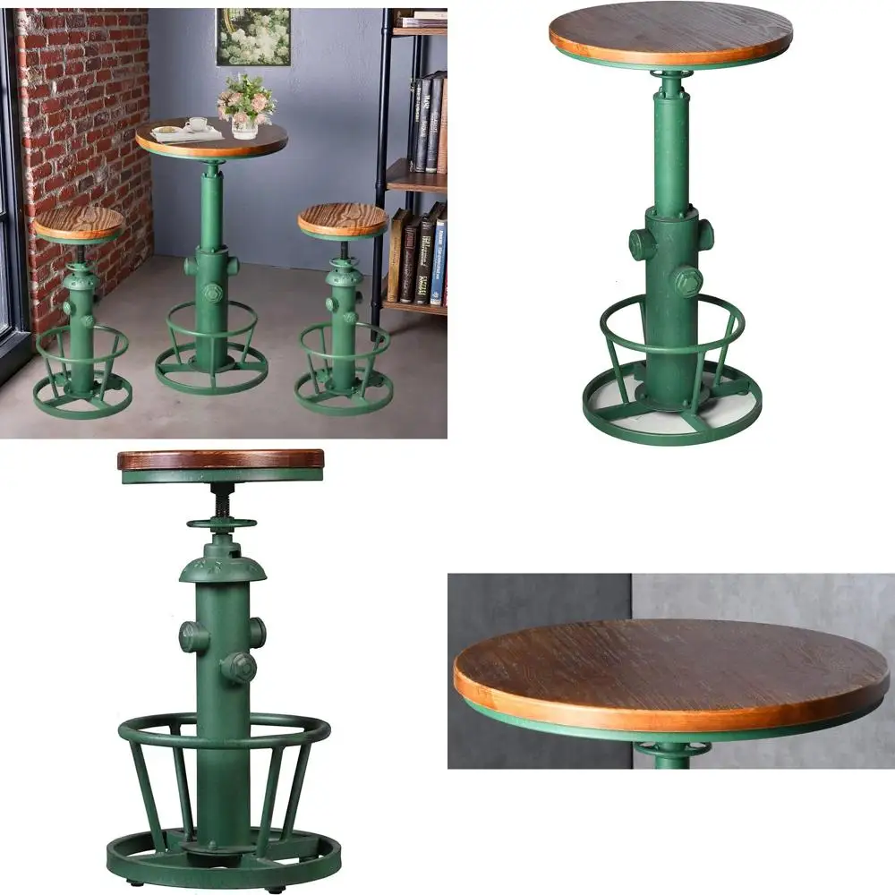 

Retro Round Pub Table Set with 2 Antique Green Counter Height Stools