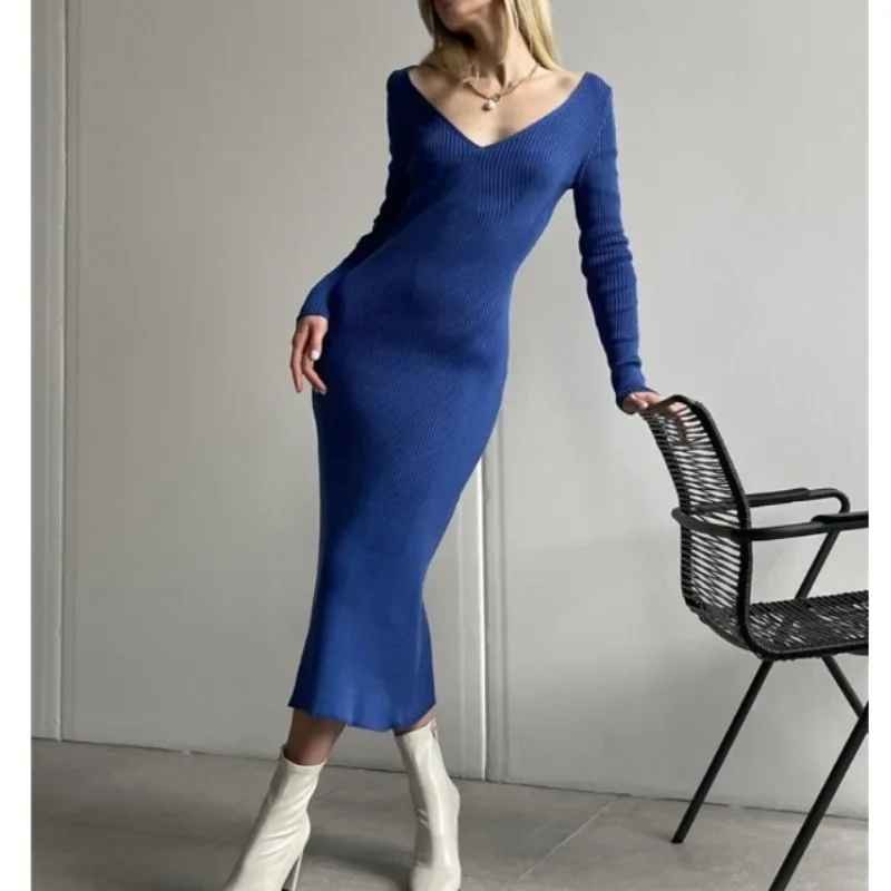 2024 Autumn Winter Female Knitted Long Dress Womens French Backless Sexy Dresses Party Vintage V Neck Slim Elegant Vestido 29295