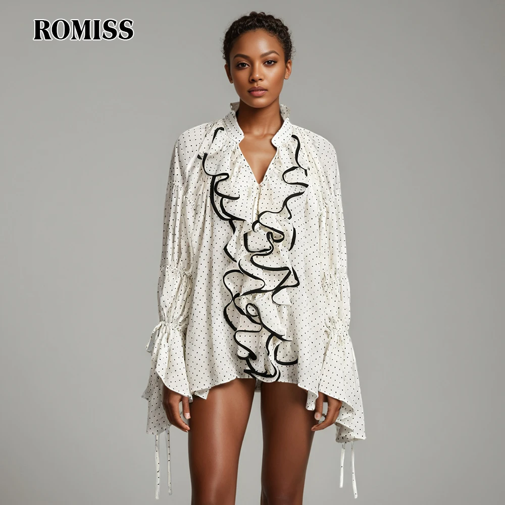 

ROMISS Dot Printed Sheer Casual Basic Blouse for Women Ruffles V Neck Long Sleeve Temperament Irregular Hem Shirt Female New