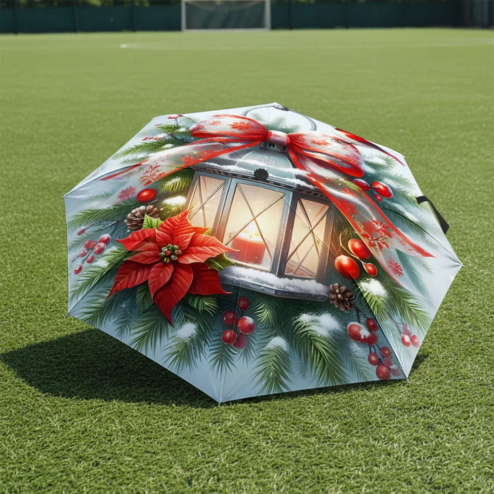1P C Christmas Lantern Design Umbrella Adds Festive Charm Print 8 Iron Ribs Folding Umbrella Auto-Open Fashion Sunshade