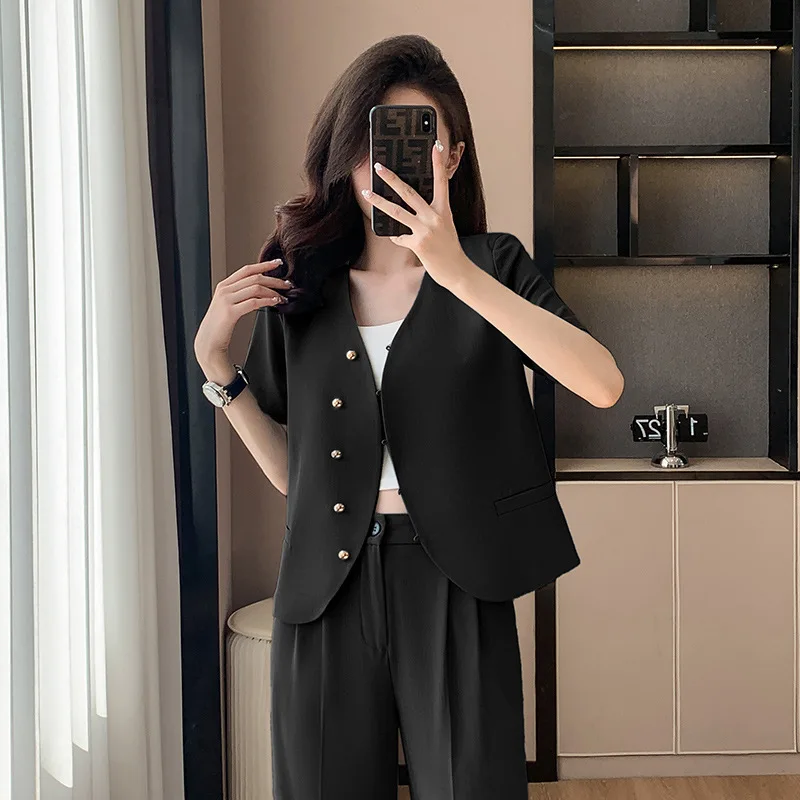 

Fashionable Temperament Collarless Short Sleeve Suit Coat for Women2024Spring and Summer New Commuter Single-Breasted Suit Suit