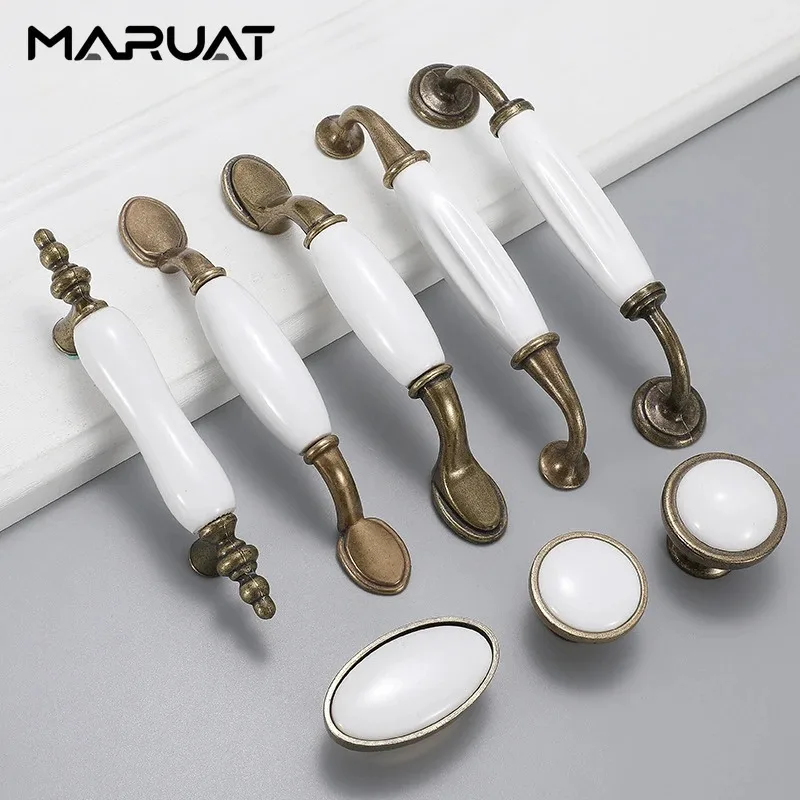 Ceramic Zinc Alloy Furniture Handles White Kitchen Cabinet Knob Drawer Pull Handles Hole Center 76/96/128mm Kitchen Accessories